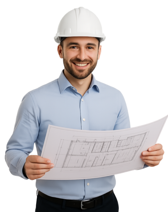 Trabalhador segurando desenho de planta estrutural, avaliada em laudos. Essencial para a segurança do trabalho.