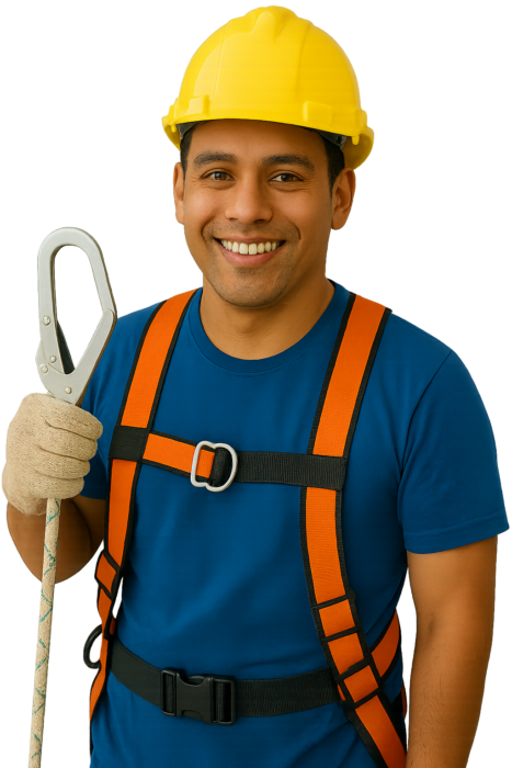 Trabalhador vestindo equipamentos de segurança do trabalho para atuações em trabalho em altura.