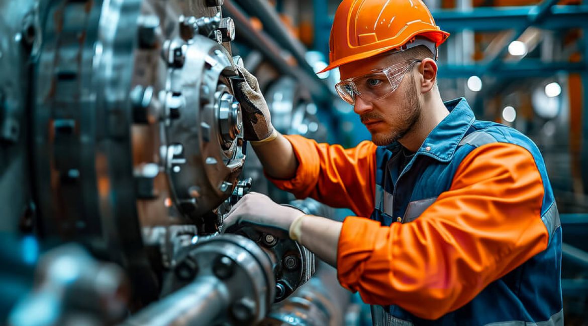 Trabalhador operando maquinário industrial utilizando EPIs