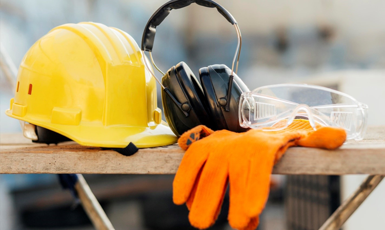 Equipamentos de proteção individual (capacete, protetor auricular e luvas)